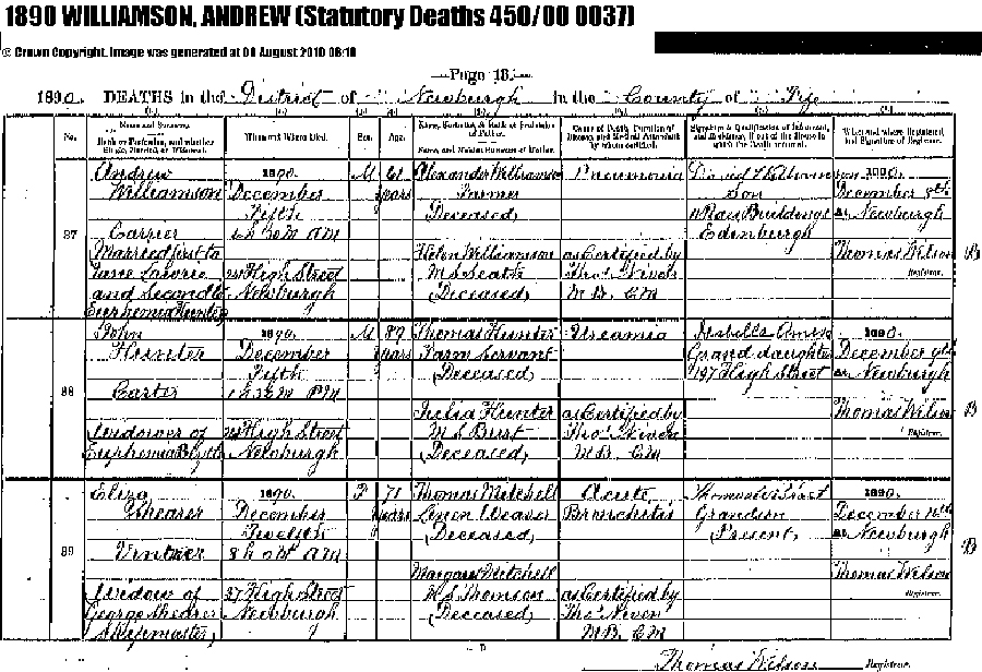 Andrew Williamson John Hunter Death 5 Dec 1890 241 High Street Newburgh Fife